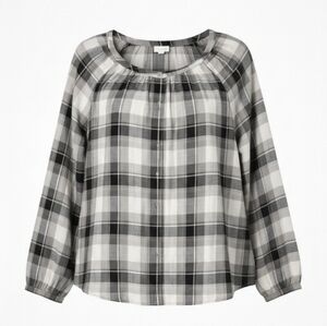J.Jill Plaid Oversized Peasant Blouse L Gray Black Button Front Boho Cabincore